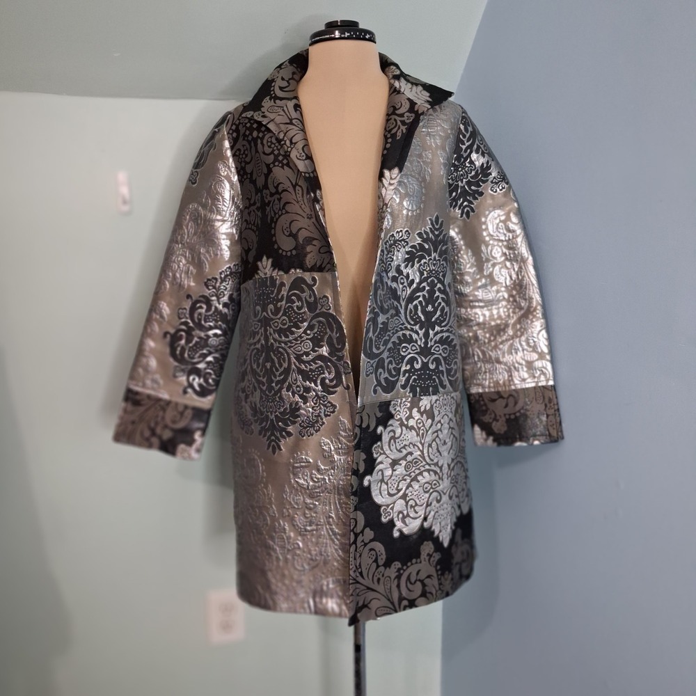 IC by Connie K Womens Metallic Brocade Damask Topper Coat Silver Black Small
